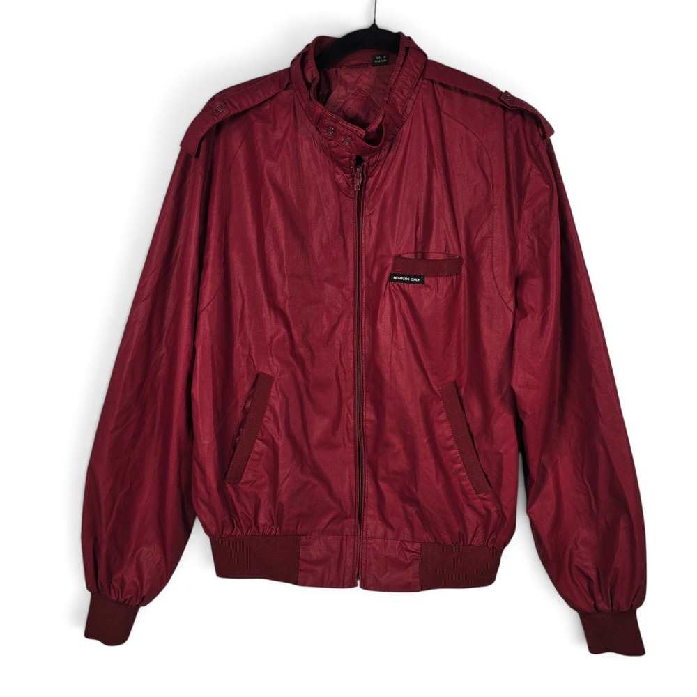 VTG 80s Members Only Jacket Mens 40 Cafe Racer Burgundy Red Epaulettes Bomber